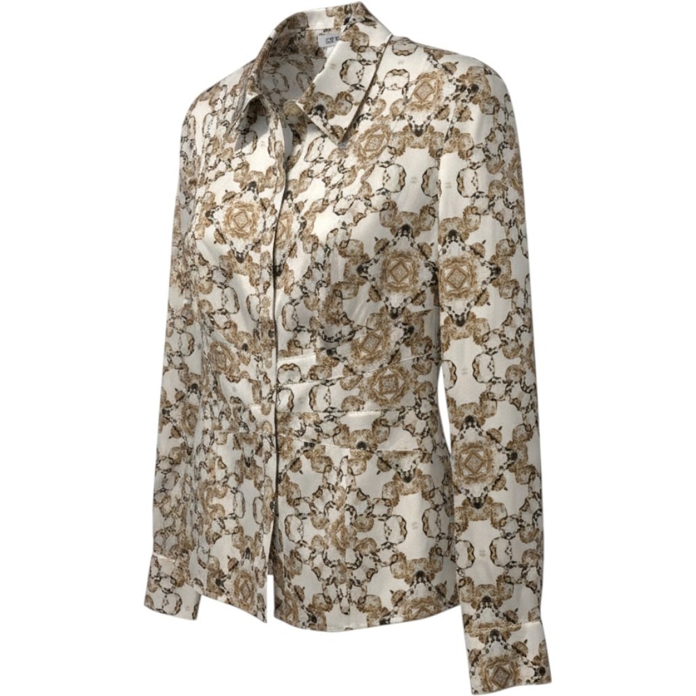 Vintage Cache Silk Blend Button Down Top Size M Tan Kaleidoscope Animal Print